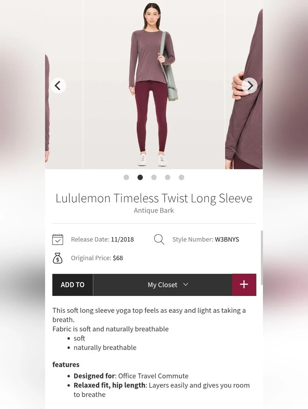 Lululemon Timeless Twist Long Sleeve, Size 4 *FLAWED*